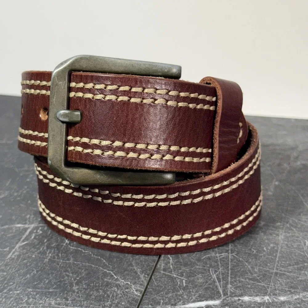 Mens‎ Toneka Leather Belt | Size 34 | Brown Triple Stitch Casual Workwear
